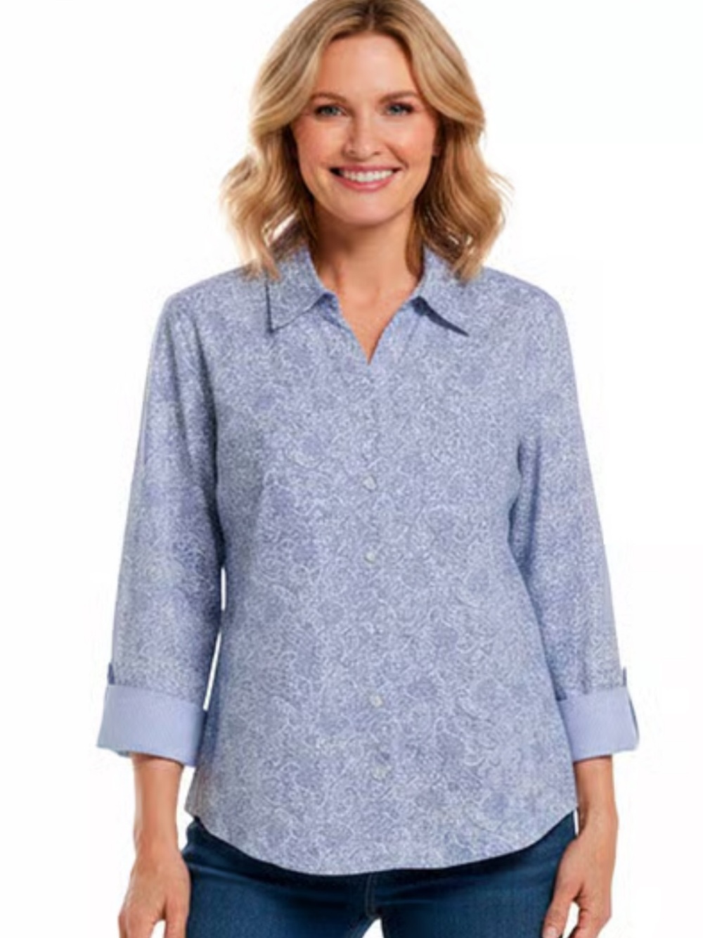 Emily Daniels Blue White Paisley Button Down Shirt XL NWT 3/4 Sleeve